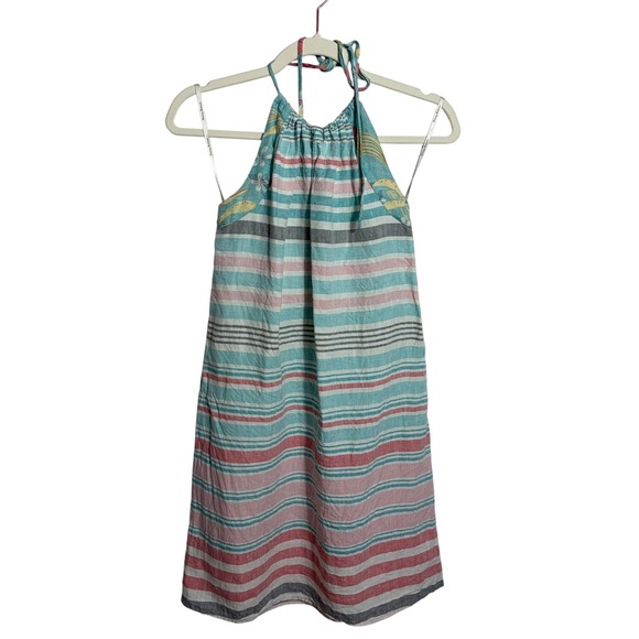 Tommy Bahama Womens Medium Blue Pink Striped Linen Blend Halter Smocked Dress - Picture 2 of 8